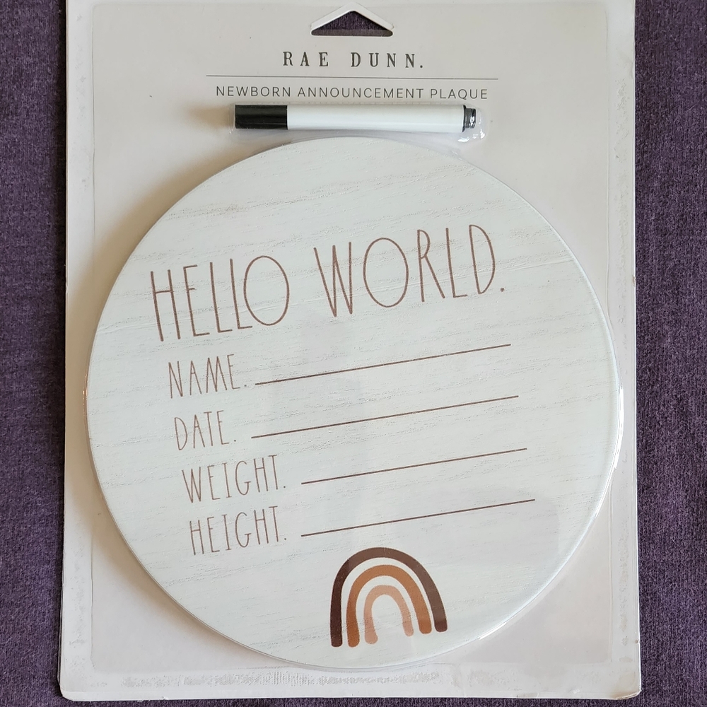 Rae Dunn HELLO WORLD Newborn Baby Announcement Plaque, with marker
